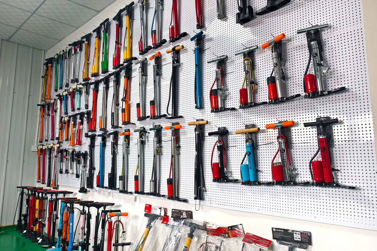 Hand pumps, foot pumps and mini pumps displayed in our sample room.